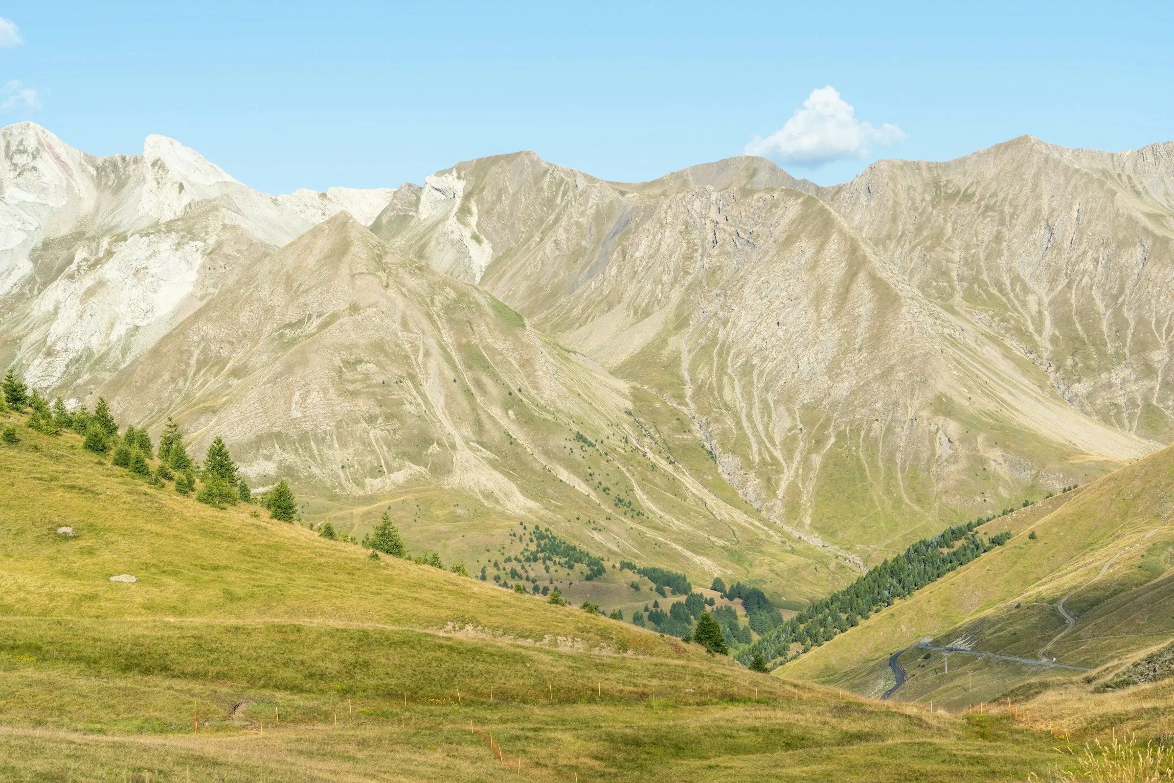 Prairies d'altitude et crêtes du Mercantour en été.